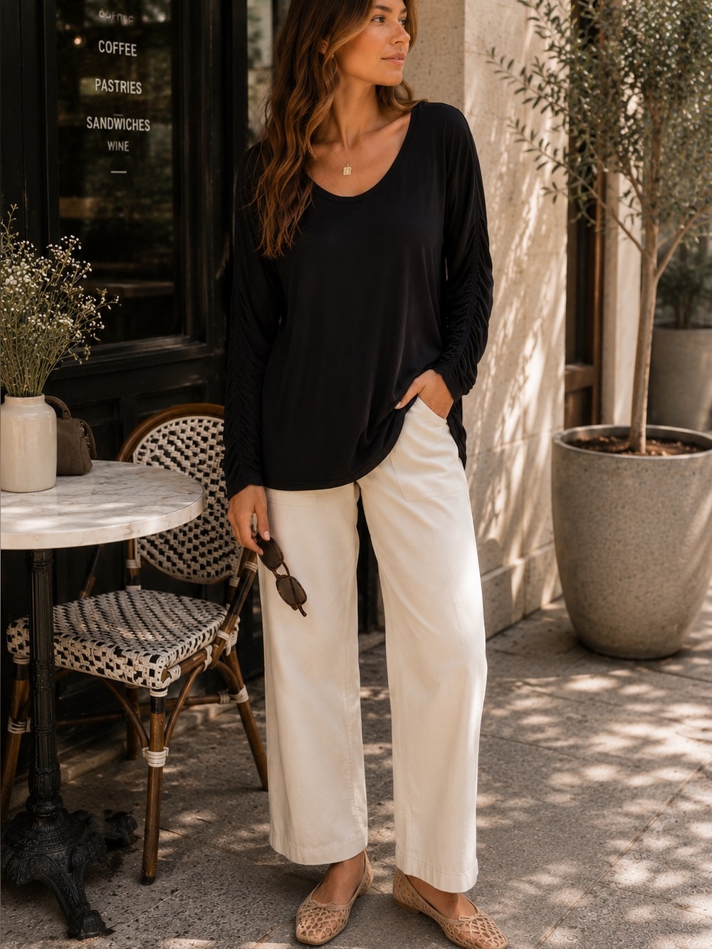 Sejour Ruched Sleeve Scoop Neck Top Black 1X